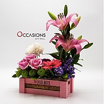 Wood Box Flower Arrangement  (Pink- Small)
