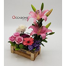 Wood Box Flower Arrangement  (Brown- Small)