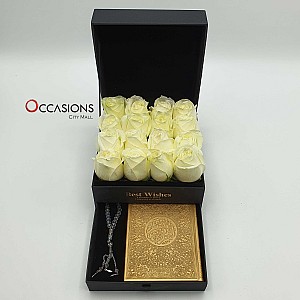 Quran & Rosary in Roses Drawer Box - Gold
