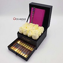 Quran with Chocolate Drawer & Roses - Fushia