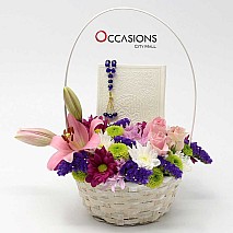 Quran Flower Basket with Rosary - White