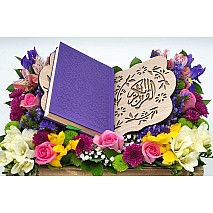 Colored Quran with Stand Flower Arrangement - Purple