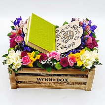 Colored Quran with Stand Flower Arrangement - Green