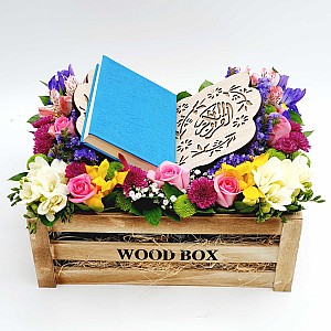 Colored Quran with Stand Flower Arrangement - Blue