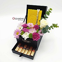 Quran with Merci Chocolate Drawer Arrangement – Yellow