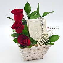 Square Basket Flowers With Quran & rosary - white