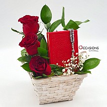 Square Basket Flowers With Quran & rosary - Red