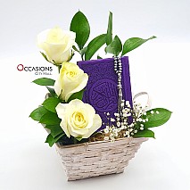 Square Basket Flowers With Quran & rosary -  Purple