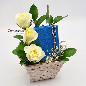 Square Basket Flowers With Quran & rosary -  Blue