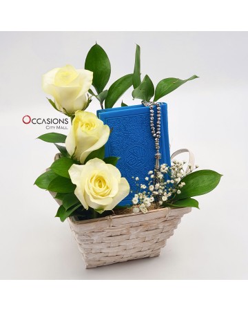 Square Basket Flowers With Quran & rosary -  Blue